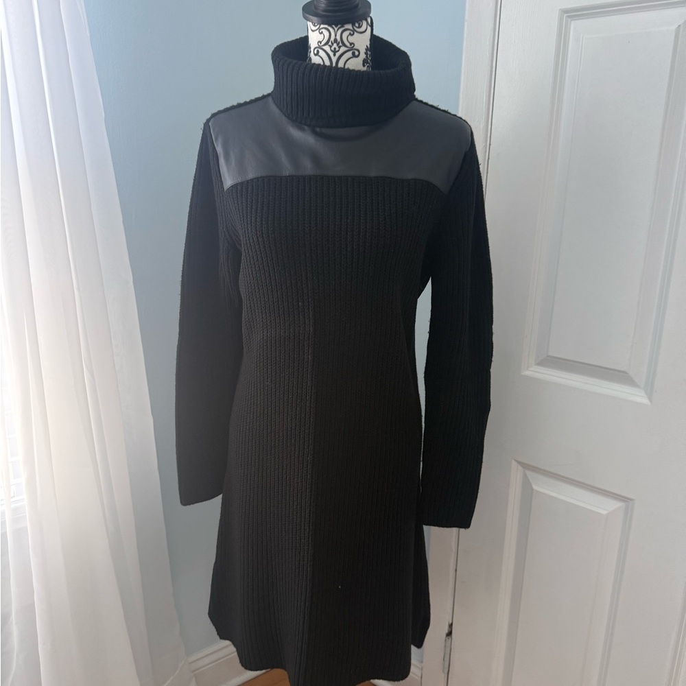 Ann Taylor Black Sweater Dress with Leather Accents